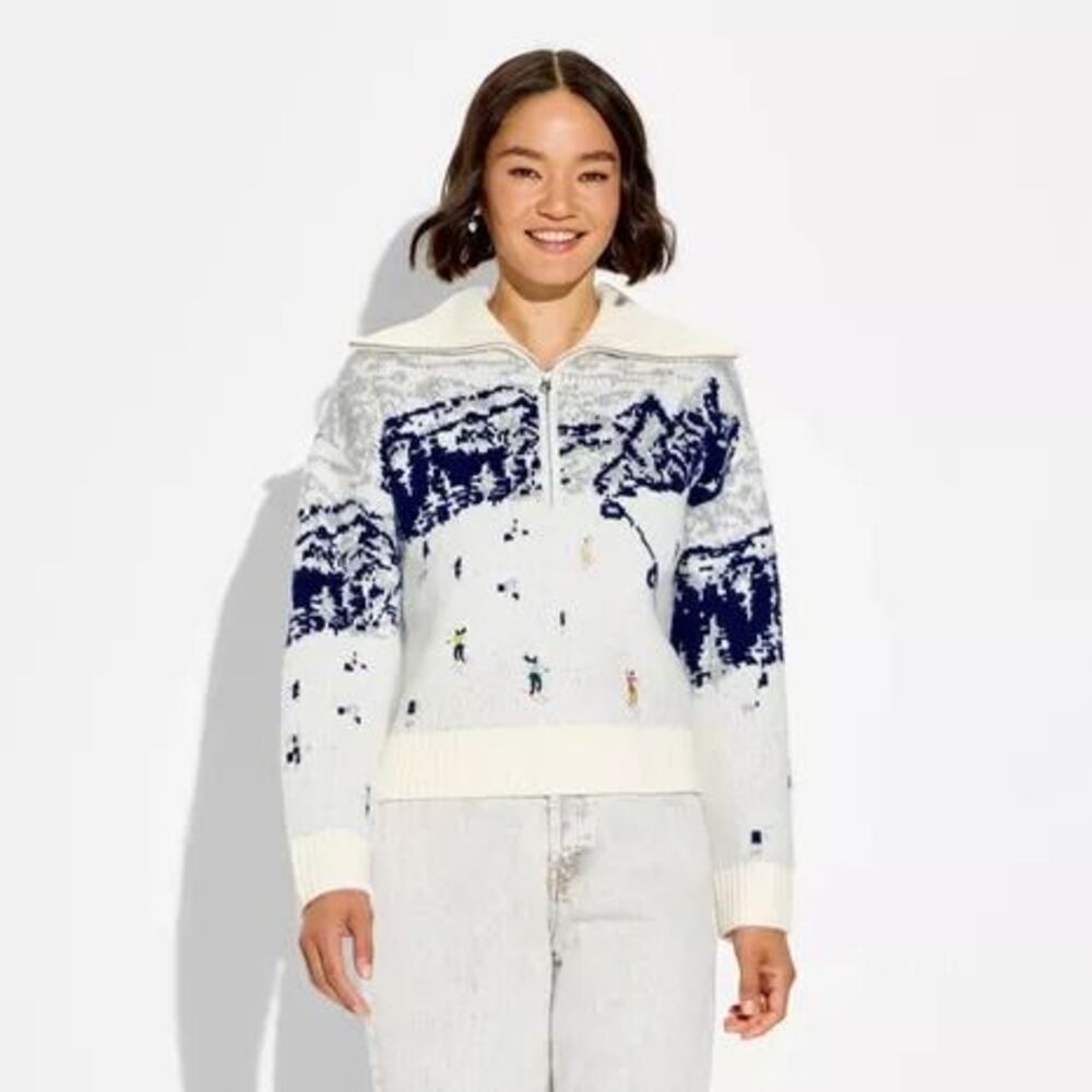 Women's Polo Collar Quarter Zip Novelty Pullover Sweater - Wild Fable Off-White - Picture 1 of 7